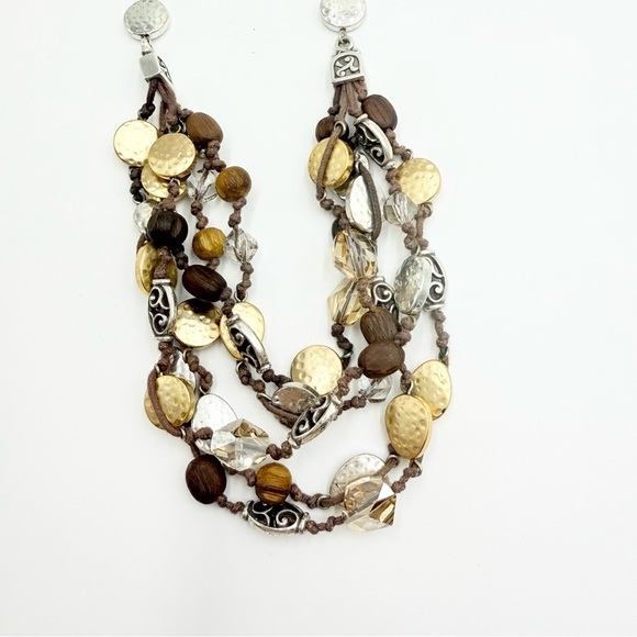 BRIGHTON Rivera Gold Silver Hammered Disk Crystal Brown Multi Cord Necklace - Picture 4 of 7